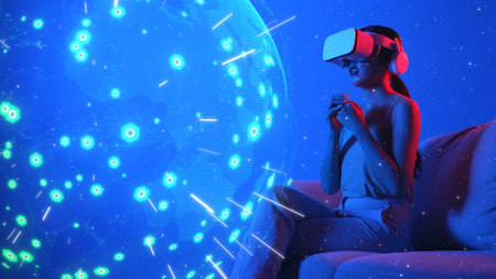Siting sofa surprised of woman using VR headset against digital signal point station network...