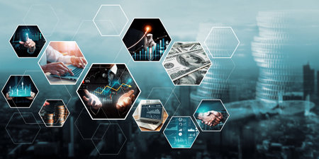 Futuristic business digital financial data technology concept for future big data analytic and business intelligence research for businessman analyst invest decisions making panoramic banner kudosの写真素材