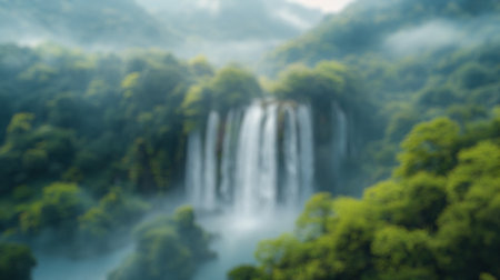 Blur background of tropical waterfall oasis surrounded by dense foliage. Digital art of water fall...