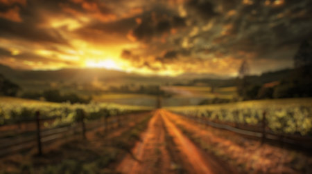 Blur background of vineyard rows in bright sunlight, nestled between hills and trees. Sunlit agricultural landscape. Wine country and sustainable farming concept. Design for banner, poster. Spate.の写真素材