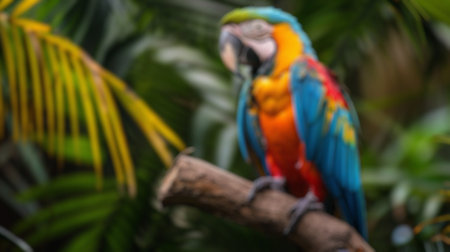 Blur background of macaw on a perch in a lush jungle setting. Wildlife. Parrot perched on tree in tropical forest. Tropical birds and biodiversity concept. Design for educational material. Spate.の写真素材