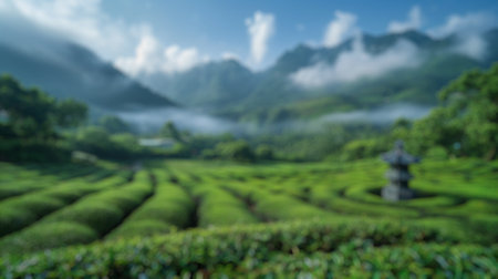 Blur background of vast tea plantation with lush green fields under a cloudy sky. Tea field concept. Landscape photography. Agricultural and eco-tourism concept. Design for travel brochure. Spate.の写真素材
