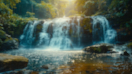 Blur background of waterfall cascading into a forest pond. Beautiful waterfall surrounded with natural forest and sun ray. Nature photography. Natural tranquility concept. Design for poster. Spate.の写真素材