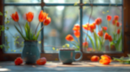 Blur background of branch with flower blooming and cup of hot coffee placed on wooden desk near window with garden view. Design for poster, invitation card. No people. Spring season concept. Spate.の写真素材