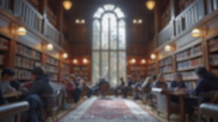 Blur background of multicultural student studying and learning the lesson at library. Group of diverse children working and revising homework and sitting at modern library. Education concept. Spate.の写真素材