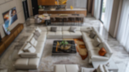Blur background of elegant and sophisticated showroom living room with modern furniture. Interior design photography. Luxury home concept. Design for furniture catalog, real estate marketing. Spate.の写真素材