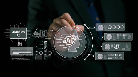 Human interact with AI artificial intelligence brain processor in concept of AI artificial intelligence engineering, big data and AI machine learning to use generative AI for business support. UUIDの写真素材