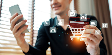 Customer open hologram graphic interface controlling device choosing online platform. Smart consumer touch gadget open e-commerce application using cashless technology shopping inventory. Cybercash.の写真素材