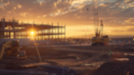 Blur background of worker overseeing a petrochemical plant at dusk. Picture of crane working in construction site. Industrial management and engineering concept. Design for industry-related. Spate.の写真素材