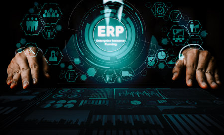 Enterprise Resource Management ERP software system for business resources plan presented in modern graphic interface showing future technology to manage company enterprise resource. udsの写真素材