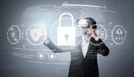 Caucasian project manager wearing VR glasses while look at hologram of security system. Smart...