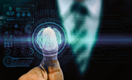 Fingerprint Biometric Digital Scan Technology. interface showing man finger with print scanning identification. Concept of digital security and private data access by use fingerprint scanner. udsの写真素材
