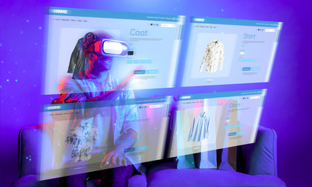 Caucasian man choosing and selecting product for shopping list while wearing visual reality goggles....