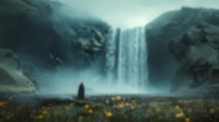 Blur background of mystical waterfall with sunlight piercing through lush greenery. Nature and green...