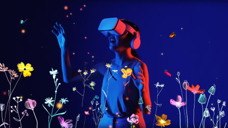 Beautiful Asian woman with VR metaverse interacting with virtual neon flowers playing to blow...