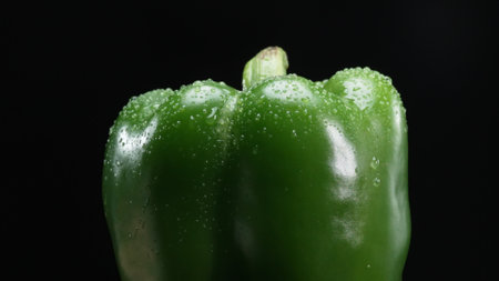 Macrography, the vibrant essence of a fresh green bell pepper against a black background takes center stage. Each close-up shot captures the intricate details and textures of the pepper. Comestible.の写真素材