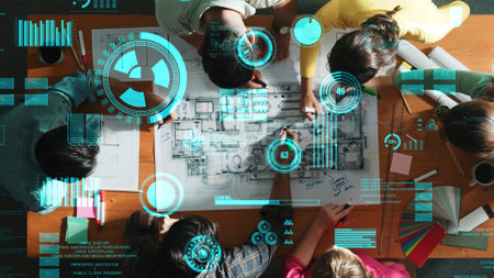 Top down view of business team with casual outfit looking laptop screen and sharing idea. Aerial view of manager works and checking color palette at table with statistic graph holographic. Symposium.の写真素材