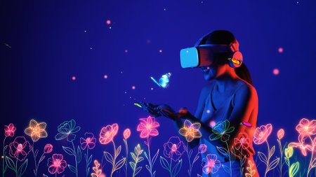 Woman standing in garden world wearing VR turn on transfer to wonderland with flower and butterfly flying in metaverse magical world fantasy neon blue natural creativity concept. Hallucination.の写真素材