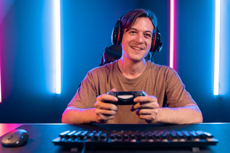 Enjoy smart gaming streamer with control joystick, playing game online of live streaming social...