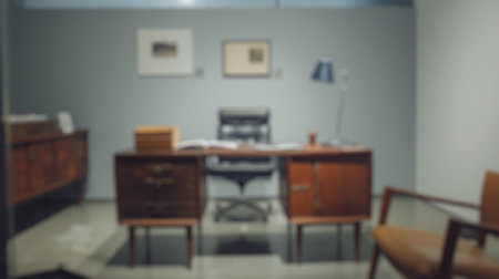 Blur background of vintage office with wooden desk, chair, and portrait on the wall. Retro workplace interior design with vintage furniture. Design for poster, wallpaper, banner, header. Spate.の写真素材