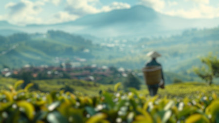Blur background of tea picker overlooking a misty tea plantation landscape at sunrise. Lifestyle and...