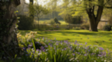 Blur background of countryside landscape in spring season with lawn and blue sky. Park surrounded...