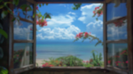 Blur background of view of the sea through a window with flowers. Wooden window decorate with flower...