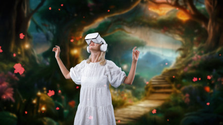 Excited woman wearing VR with stretching arms getting fresh air in wonderland fairytale forest bokeh neon falling in world like jungle wildflower landscape at fantasy warm sunlight. Contraption.の写真素材