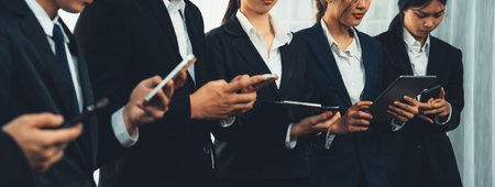 Panoramic banner business team standing in line and working together symbolize successful business partnership and professional vacancy for job employment, HR agency recruitment concept. Shrewdの写真素材