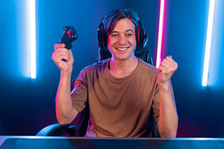 Enjoy smart gaming streamer with control joystick, playing game online of live streaming social...