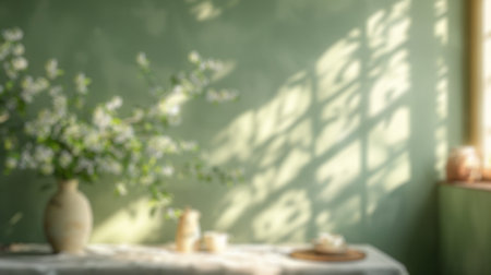Blur background of vase of flowers on a table near a window. Sun ray shining though window decorated...