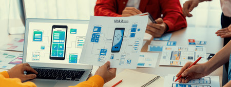 Panorama banner of startup UX developer or company employee design user interface or UI prototype...