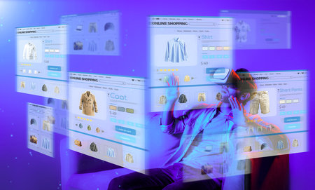 Caucasian man choosing and selecting product for shopping list while wearing visual reality goggles....