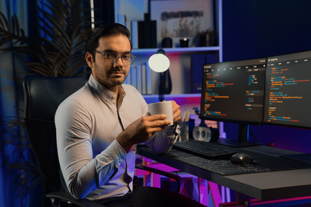 Profile smart IT developer looking camera holding coffee cup against on software development coding...