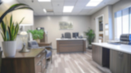 Blur background of executive office with wooden furniture and large window with city view. Executive manager wooden table. Professional workplace design concept. Design for wallpaper, banner. Spate.の写真素材