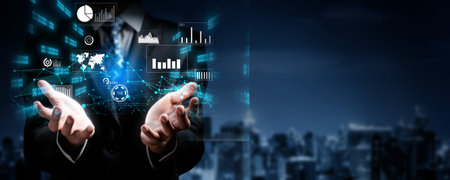 Business person delve into data analytics to uncover trends and insights from predictive big data...