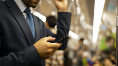 Closeup of business man hands looking phone while standing at train surrounded by people. Caucasian project manager checking email, planing marketing strategy with blurred background. Exultant.の写真素材
