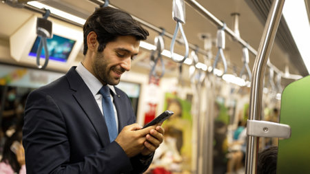 Professional smart business man looking phone while standing at train surrounded by people. Caucasian project manager checking email, planing marketing strategy with blurred background. Exultant.の写真素材