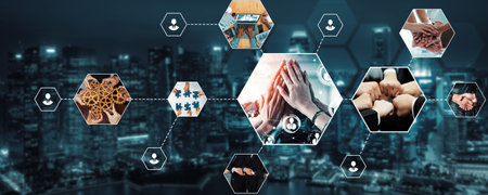 Teamwork and human resources HR management technology concept in corporate business with people group networking to support partnership, trust, teamwork and unity of coworkers in office kudosの写真素材