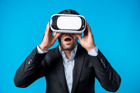 Close up of smart project manager looking financial graph hologram from VR glass. Professional business man surprised while checking financial plan from virtual reality world and metaworld. Deviation.の写真素材