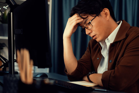 Smart businessman with stressful face working on pc to create business plan report over late night time at office, working on searching tool market planning new startup company project job. Infobahn.の写真素材