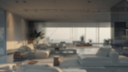 Blur background of elegant and sophisticated showroom living room with modern furniture. Interior design photography. Luxury home concept. Design for furniture catalog, real estate marketing. Spate.の写真素材
