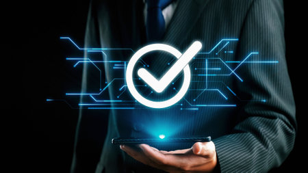 Business person enforces strict quality assurance protocols, ensuring QC and QA standards are met. Achieving certified product excellence through dedicated quality assurance. UUIDの写真素材