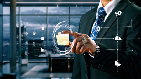 Business person managing online documents folders for efficient work processes. Ensure secure and quick access to all your important online documents with ease. UUIDの写真素材