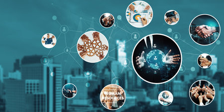 Teamwork and human resources HR management technology concept in corporate business with people...