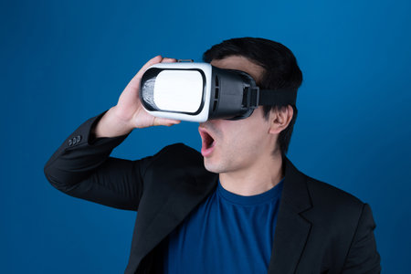 Profile excited businessman wearing VR headset looking to connect metaverse at interesting business...