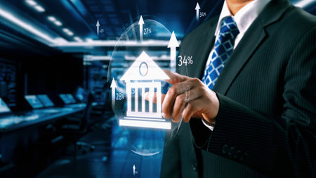 Business person transforms online banking, employing tech for innovative finance solutions. Streamlining banking and finance processes, Technology elevates online banking to new heights. UUIDの写真素材