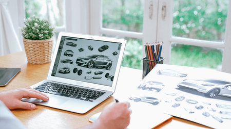 Car design engineer analyze car prototype for automobile business at home office. Automotive engineering designer carefully analyze, finding flaws and improvement for car design with laptop Synchronosの写真素材