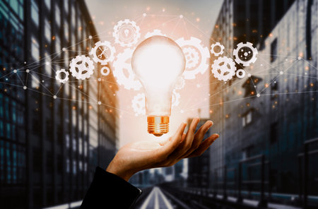 Innovation Technology for Business Finance Concept. Modern graphic interface showing symbol of innovative ideas thinking, research and development study. udsの写真素材