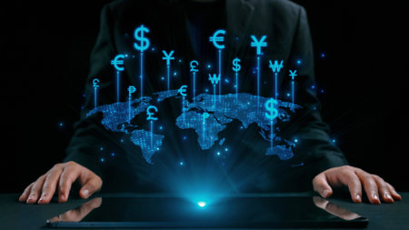 Business person innovates in currency exchange, blending finance with technology for smoother...